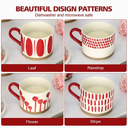 Koja 16 oz Premium Hand Painted Porcelain Ceramic Mug Set, Large Coffee & Tea Mugs, Elegant Decorative Durable Stoneware Microwave Safe Drinkware for Home Kitchen, 4-Pack - size: 16 oz Red