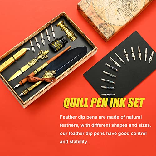 Joyeee Quill Pen Calligraphy Pen Set, Feather Dip Pen Set with Wood Dip Pen, 17 Different Size Comic Pen Nibs, Metal Sealing Wax Stamp and Dip Pen Holder, Wax Seal Sticks, Black Ink, Navy Blue - color: #109 Navy blue