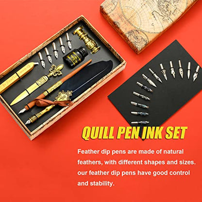 Joyeee Quill Pen Calligraphy Pen Set, Feather Dip Pen Set with Wood Dip Pen, 17 Different Size Comic Pen Nibs, Metal Sealing Wax Stamp and Dip Pen Holder, Wax Seal Sticks, Black Ink, Navy Blue - color: #109 Navy blue