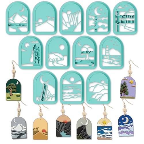 ORIGACH 12 Pcs Mountain Landscape Polymer Clay Cutters,Sun Moon and Scenery Design Clay Cutters for Polymer Clay Jewelry Earrings with a Clear Storage Box - style: Mountain Landscape