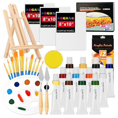 ACKASK Painting Kits for Adults Kids,Acrylic Paint Canvas Easel Set,30 Pcs Drawing Painting Supplies Art Kit,12 Paints,10 Painting Brushes,Palettes Etc,Art Set Art Supplies for Kids Adults Artists - style: 30 PCS Painting Kits