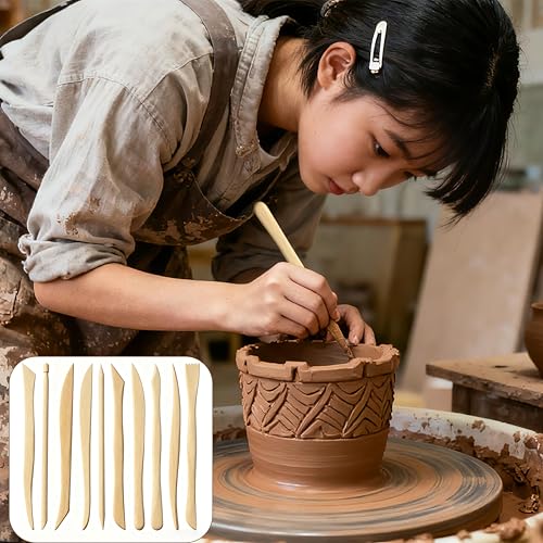 10 Pieces Wooden Clay Sculpting Tools, Double Ended Ceramic Wooden Clay Modeling Sculpture Tools Pottery Dough Modeling Tool Kit for Cutting Carving Shaping Detailing