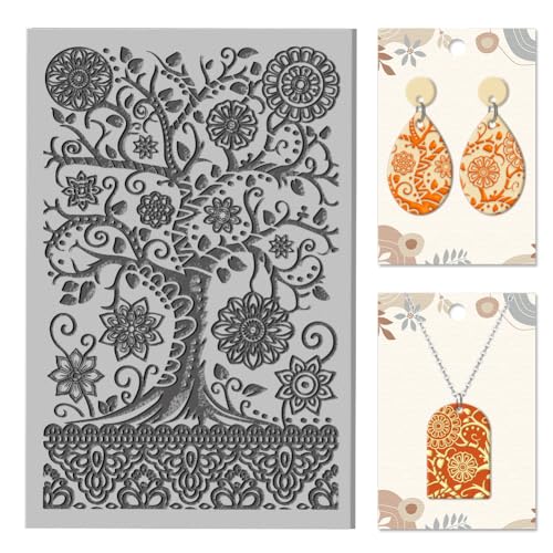 CHGCRAFT Flowers Tree Mandala Clay Texture Mat Polymer Clay Molds DIY Clay Texture Tools for Clay Pottery Earring Jewelry Making Stamp Engraving Machines, Tree, 3.9x2.6x0.1inch - style: Tree