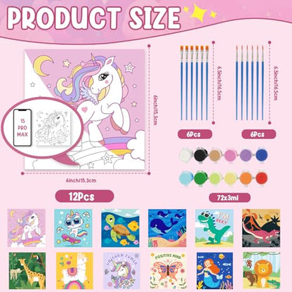 CONDA 12 Pcs Pre Drawn Canvas to Paint 6x6 Inch, Animal Pre Printed Canvas for Painting with 12 Acrylic Paint Sets and 12 Brushes for Kids Beginners Students, DIY Paint Art Supplies - color: Animal Canvas Kit