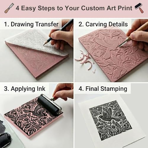 6 Pack Linoleum Blocks for Printmaking, 4x6 Inch Soft Rubber Carving Blocks for Stamp Making, Pink Linocut Blocks for Printmaking Supplies, Block Printing Kit for Beginners & Professionals