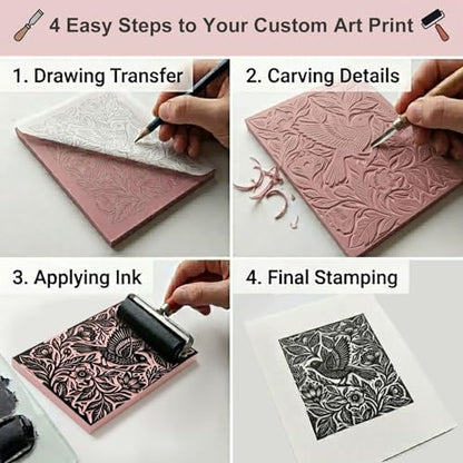 6 Pack Linoleum Blocks for Printmaking, 4x6 Inch Soft Rubber Carving Blocks for Stamp Making, Pink Linocut Blocks for Printmaking Supplies, Block Printing Kit for Beginners & Professionals