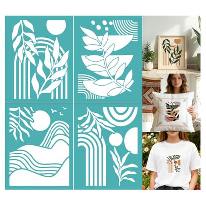 2 Sheets Botanical Silk Screen Stencil, Plant Mountian Moon Self-Adhesive Silk Screen Printing Stencils Abstract Reusable Mesh Stencil for Painting on Wall, Wood, T-Shirt, Home Craft Decor - style: Botanical