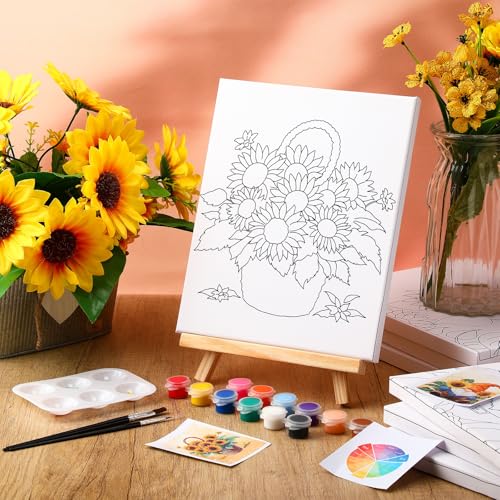 Humyoun 8 Sets 8" x 10" Sunflower Pre Drawn Canvas to Paint for Sip and Paint Party Sunflower Predrawn Coloring Set Pre Sketched Canvas Boards with Paints and Brushes for Adult - style: Sunflower