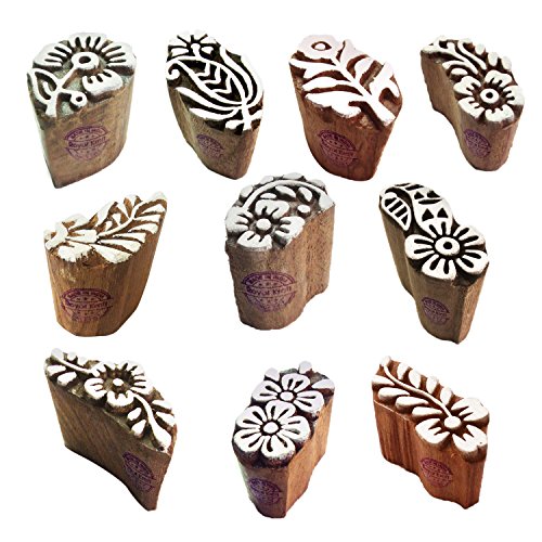 Fabric Wood Stamps Indian Small Floral Design Printing Blocks (Set of 10) Htag2103 - color: Htag2103