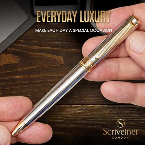 Scriveiner Silver Chrome Ballpoint Pen - Stunning Luxury Pen, Real Gold Plating, Schmidt Black Refill, Best Ball Pen Gift Set for Men & Women, Professional, Executive, Office, Nice, Fancy Pens - color: 2. Silver Chrome with Gold