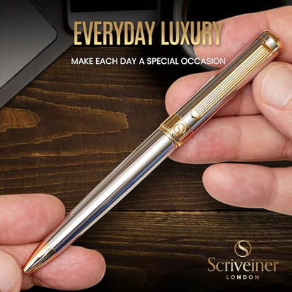 Scriveiner Silver Chrome Ballpoint Pen - Stunning Luxury Pen, Real Gold Plating, Schmidt Black Refill, Best Ball Pen Gift Set for Men & Women, Professional, Executive, Office, Nice, Fancy Pens - color: 2. Silver Chrome with Gold