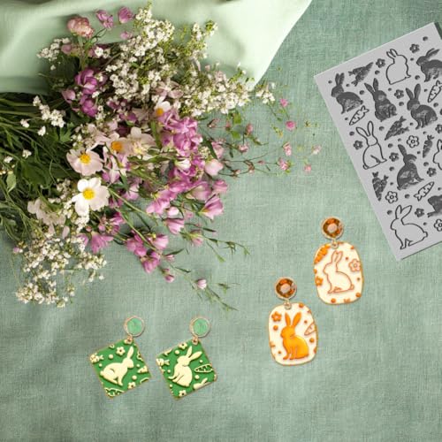 CHGCRAFT Easter Rabbit Polymer Texture Sheets Bunny Carrot Flowers Animals Rubber Texture Stamp Sheets Clay Texture Mat for Making Earrings Jewerly Polymer Clay Earrings Tools - style: Rabbit and Carrot