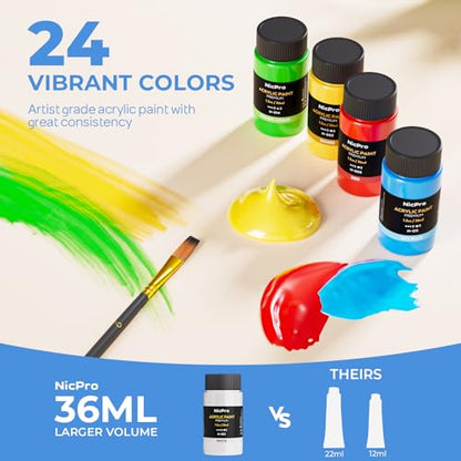 Nicpro Acrylic Paint Canvas Set for Adults, 46PCS Art Painting Supplies Kit with 24 Acrylic Paints(36ML), Table Wood Easel, 5 Canvas Panels, 12 Brushes, Paper Pad, Palette for Artist Beginner Students - color: 24 colors
