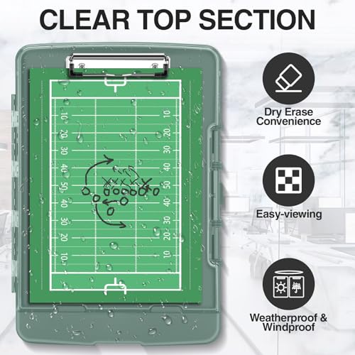 Sooez Original Clipboard with 2 Storage & Pen Holder, Heavy Duty Clip Boards 8.5x11 with Dual Storage, Clearview Dry Erase Coach Clipboard with Real Hinge, High Capacity, School & Office Supplies - color: Green