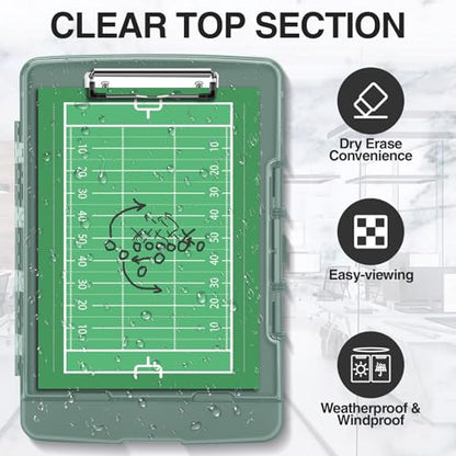 Sooez Original Clipboard with 2 Storage & Pen Holder, Heavy Duty Clip Boards 8.5x11 with Dual Storage, Clearview Dry Erase Coach Clipboard with Real Hinge, High Capacity, School & Office Supplies - color: Green