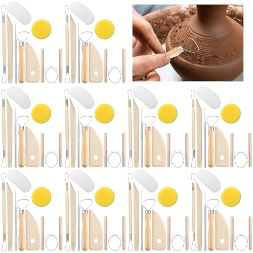 Leriton 40 Pcs Pottery Clay Tools Kit Sculpting Clay Tool Includes Cutting Modeling Trimming with Wooden Handles Carving Kit for Beginners Carving Shaping