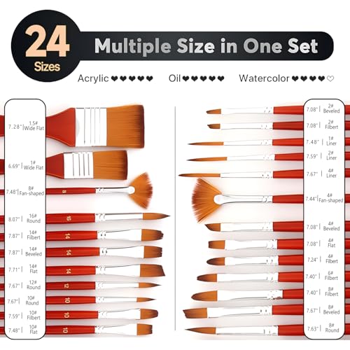 24pcs Paint Brush Set, Art Paint Brush Kit Set, Expert Series, with Canvas Brush Case, Professional for Oil, Acrylic, Gouache and Watercolor Painting - color: Red