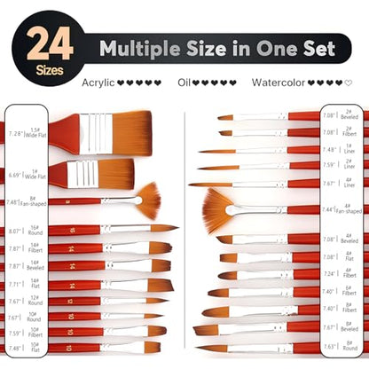 24pcs Paint Brush Set, Art Paint Brush Kit Set, Expert Series, with Canvas Brush Case, Professional for Oil, Acrylic, Gouache and Watercolor Painting - color: Red