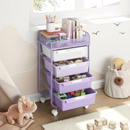 SYKIARIOL 4-Drawer Rolling Storage Cart with Mesh Top, Utility Craft Organizer Cart on Wheels with DIY Labels, Rolling Drawer Cart for Home Office Classroom Bedroom, Purple - color: Purple