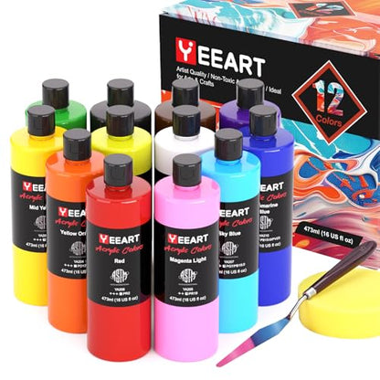 Acrylic Paint Set, 12 Colors Acrylic Paint Large Bottle Set, 16OZ Each, Rich Pigmented Canvas Paint, Premium Non-toxic Paints for Artists, Paint Set for Adults, Art Supplies for Canvas