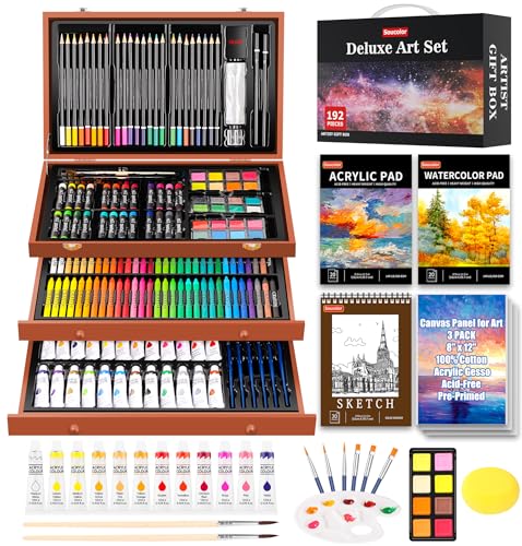 Soucolor Arts and Crafts Kits, 192-Pack Deluxe Art Set Coloring Drawing Painting Supplies Art Kit with Acrylic Pad, Watercolor Pad, Sketch Book, Canvases, Acrylic Paint, Crayons, Pencils - color: Yellow Brown