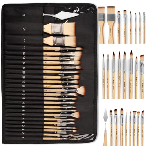 Nicpro 26pcs Paint Brush Set, Professional Paintbrushes with Palette Knife and Cloth Roll, Artist Paint Brushes for Acrylic Painting, Oil, Watercolor & Gouache, Adults Art Painting Tools Supplies - color: Burlywood