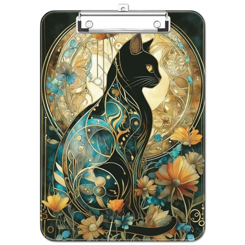 Plastic Cute Clipboard Low-Profile Metal Clip, A4 Letter Size 9 x 12.5 in, 8.5 x 11 Paper Clip Board for Teachers, Nurses, Classroom,Flowered Glass Cat - color: Flowered Glass Cat
