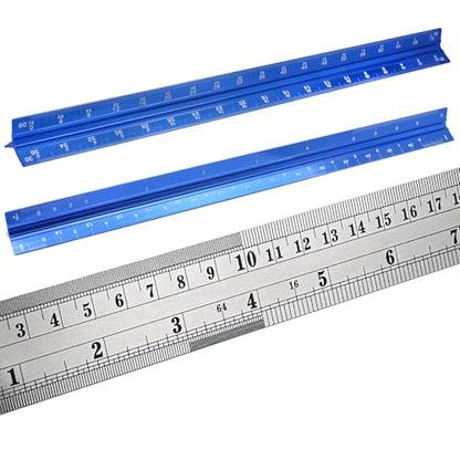 Biaungdo 3 Pack Architectural and Engineer Scale Ruler Set, 12 Inch Aluminum Triangular Drafting Tool, Laser-Etched Architect Scales Ruler for Draftsman, Standard Metal Ruler Included, Blue