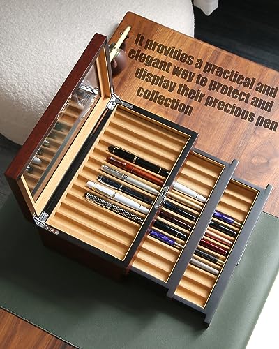 Pen Display Case with 36 Pen Slots, Fountain Pen Case, Wood Pen Storage Organizer, Pen Box Display for Men Gift, Pen Display Box with Glass Window(Brown ash Veneer Finish, Camel Velvet) - color: Brown 36 Slots, Camel Velvet