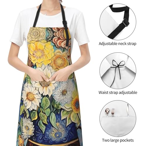 Prancing Brown Horse Heavy Duty Waterproof Apron with Pockets for AdultsResistant Grilling, Gardening, Painting - color: Oil on Canvas Flowers