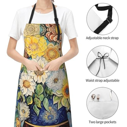 Prancing Brown Horse Heavy Duty Waterproof Apron with Pockets for AdultsResistant Grilling, Gardening, Painting - color: Oil on Canvas Flowers