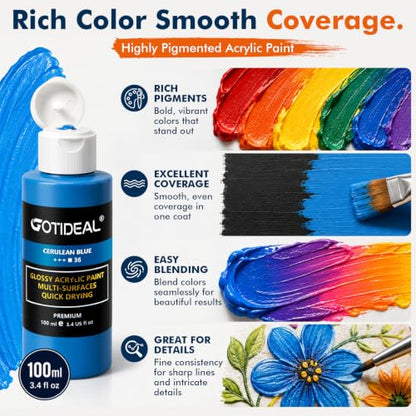 GOTIDEAL Acrylic Paint Set, 18 Colors Outdoor Acrylic Paint (100m,3.4 oz) | with 10 Brushes, Non-Toxic Waterproof Art Paints for Canvas, Wood, Rocks, Craft Supplies for Artists & Beginners
