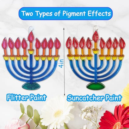 Ayhuhra 30 Sets Hanukkah Suncatcher Craft Kits Hanukkah Stained Glass Suncatcher DIY Glow in The Dark Chanuka Window Paint Art Kit for Hanukkah Festival Window Decorations - style: Hanukkah