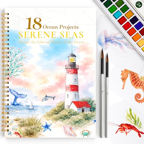 Watercolor Workbook for Beginners,18 Serene Seas Sceneries Water Coloring Book,Relaxing & Easy to Paint Water Coloring Book with 24 Colors-Perfect for Gifting to Creativity & Joy for Adults - size: Ocean Theme