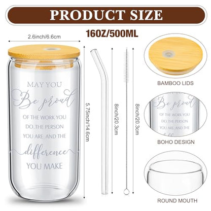 Layhit 24 Set Thank You Team Gifts for Employees Staff Coworker Appreciation Gifts for Teacher Nurse Thank You Glass Cups 16 oz Can Shaped Beer Glass with Lids Straws Brushes(Elegant Style) - style: Elegant Style