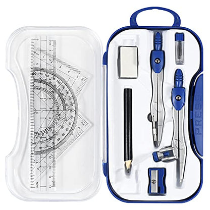 Unjoo Math Geometry Kit Sets 10 Piece Student Supplies with Shatterproof Storage Box,Includes Rulers,Protractor,Compass,Eraser,Pencil Sharpener,Lead Refills,Pencil,for Drafting and Drawings（Navy blue） - color: Navy Blue