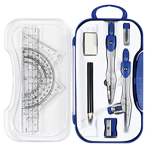 Unjoo Math Geometry Kit Sets 10 Piece Student Supplies with Shatterproof Storage Box,Includes Rulers,Protractor,Compass,Eraser,Pencil Sharpener,Lead Refills,Pencil,for Drafting and Drawings（Navy blue） - color: Navy Blue