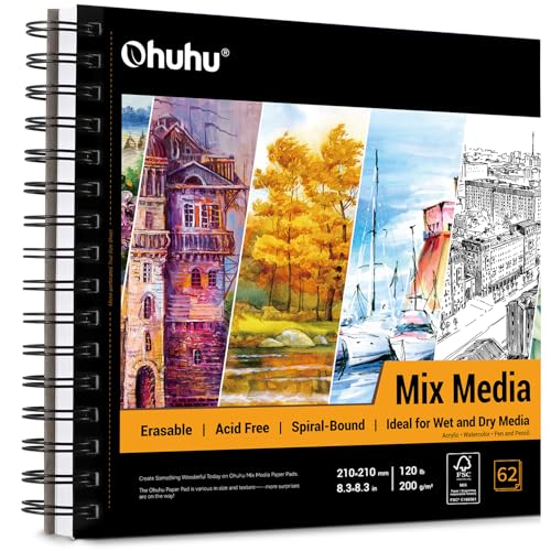 Ohuhu Mix Media Pad, 8.3" x 8.3" Mixed Media Art Sketchbook, 120 LB/200 GSM Heavyweight Papers, 62 Sheets/124 Pages, Spiral Bound Mix Media Paper Pad for Acrylic, Painting, Christmas Gift - size: 8.3" x 8.3"