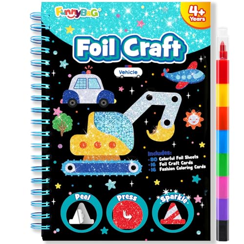 FUNNYB&G Foil Art Craft Kit for Boys 4-10 Years Old: Mess-Free & No-Glue, Create 16 Sparkly Vehicle Pictures – Perfect Travel Toy & Birthday Gift for Kids (Vehicle) - style: Vehicle