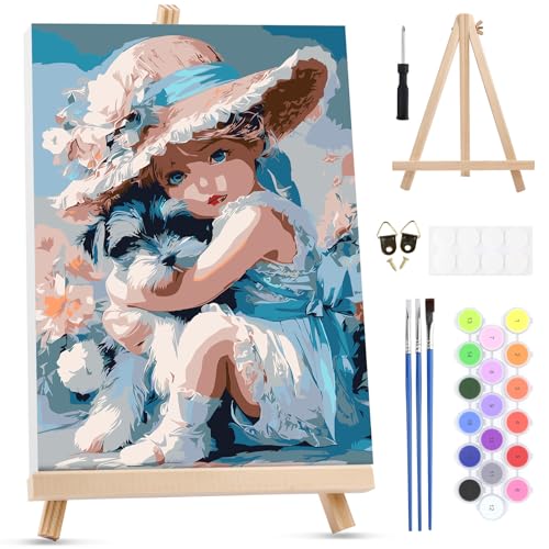 MXJSUA Girl and Dog Paint by Numbers Kit with Frame for Adults, Easy Beginners Paint by Number on Canvas with Easel, Acrylic Number Painting Craft Gifts for Home Decor, 8x12 inch - color: Girl Dog