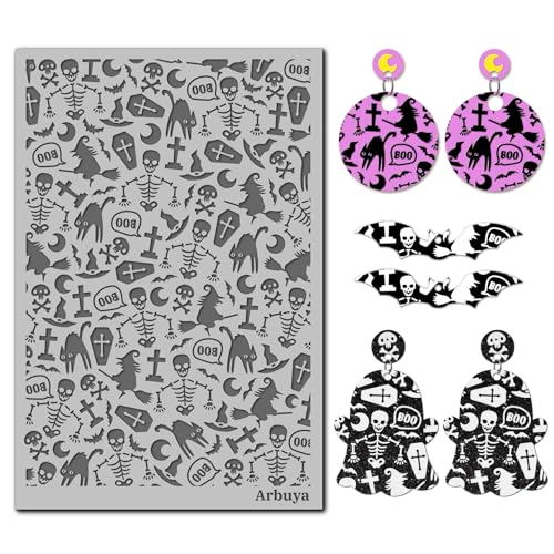 Halloween Polymer Clay Texture Mat - Creepy Skelton Witch Cat Texture Sheets for Polymer Clay Earring Charm Jewelry Making, DIY Craft Supplies - style: Skeleton