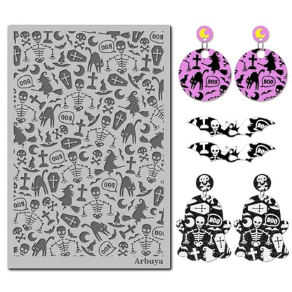 Halloween Polymer Clay Texture Mat - Creepy Skelton Witch Cat Texture Sheets for Polymer Clay Earring Charm Jewelry Making, DIY Craft Supplies - style: Skeleton
