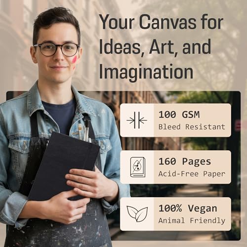 BROWNSTONE JOURNALS A5 Sketch Book Hardcover - 80 Sheets 100 GSM Paper 5"x8", Lay Flat, Vegan Leather Cover, Elastic Band, Back Pocket, Art Drawing Book (Charcoal Black) - color: Charcoal Black, size: A5 (5" x 8")