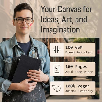 BROWNSTONE JOURNALS A5 Sketch Book Hardcover - 80 Sheets 100 GSM Paper 5"x8", Lay Flat, Vegan Leather Cover, Elastic Band, Back Pocket, Art Drawing Book (Charcoal Black) - color: Charcoal Black, size: A5 (5" x 8")