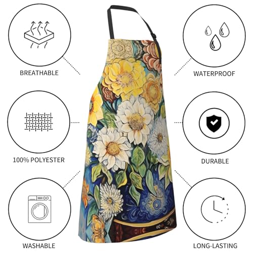Prancing Brown Horse Heavy Duty Waterproof Apron with Pockets for AdultsResistant Grilling, Gardening, Painting - color: Oil on Canvas Flowers