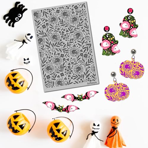Polymer Clay Texture Mat - Halloween Floral Skull Texture Sheets for Polymer Clay Earrings or Jewelry Crafts Making - style: Skull and Flowers