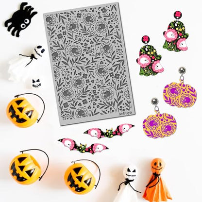 Polymer Clay Texture Mat - Halloween Floral Skull Texture Sheets for Polymer Clay Earrings or Jewelry Crafts Making - style: Skull and Flowers