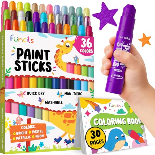 36 Washable Tempera Paint Sticks for Kids with Coloring Book | Non-Toxic Markers for Toddlers 1-3 | Works on Paper, Canvas, Wood, Cardboard - Craft, Art Supplies for Kids 3-5, Painting Crayons - color: 36 Colors + Coloring Book, size: Thick Sticks