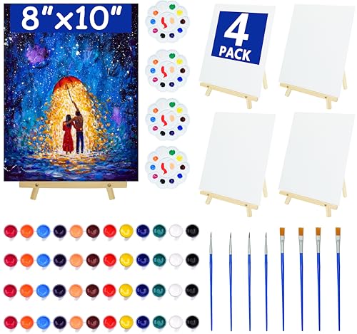 4 Pack 8x10 Inch Canvas and Easel Set, Sip and Paint Kit for Adults,Art Canvas Bulk with Easels Stands, Trays,Small Paint Brushes,12 Colors Mini Acrylic Paint Set for Couples and Party Supplies