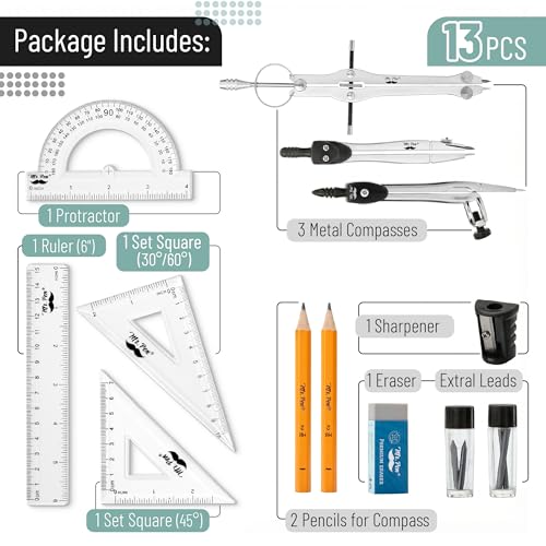 Mr. Pen- Geometry Set, 13 pcs, 3 Metal Compasses, Protractor, 6" Ruler | 45° & 30°/60° Set Squares, Pencils, Lead Refills, Sharpener & Eraser for Math, Drafting & Classroom Use | 45° & 30°/60° Set Squares, Pencils, Lead Refills, Sharpener & Eraser for Mat